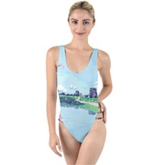 Japanese Themed Pixel Art The Urban And Rural Side Of Japan High Leg Strappy Swimsuit