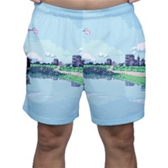 Japanese Themed Pixel Art The Urban And Rural Side Of Japan Men s Shorts