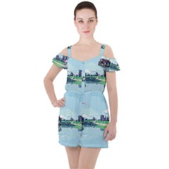 Japanese Themed Pixel Art The Urban And Rural Side Of Japan Ruffle Cut Out Chiffon Playsuit