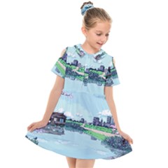 Japanese Themed Pixel Art The Urban And Rural Side Of Japan Kids  Short Sleeve Shirt Dress