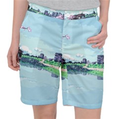 Japanese Themed Pixel Art The Urban And Rural Side Of Japan Women s Pocket Shorts