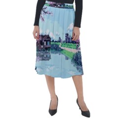 Japanese Themed Pixel Art The Urban And Rural Side Of Japan Classic Velour Midi Skirt 
