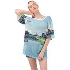Japanese Themed Pixel Art The Urban And Rural Side Of Japan Oversized Chiffon Top