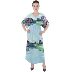 Japanese Themed Pixel Art The Urban And Rural Side Of Japan V-Neck Boho Style Maxi Dress