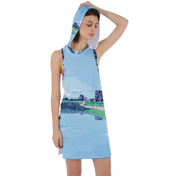 Japanese Themed Pixel Art The Urban And Rural Side Of Japan Racer Back Hoodie Dress