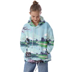 Japanese Themed Pixel Art The Urban And Rural Side Of Japan Kids  Oversized Hoodie by Sarkoni