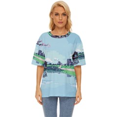 Japanese Themed Pixel Art The Urban And Rural Side Of Japan Oversized Basic T-Shirt