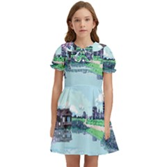 Japanese Themed Pixel Art The Urban And Rural Side Of Japan Kids  Bow Tie Puff Sleeve Dress