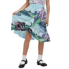 Japanese Themed Pixel Art The Urban And Rural Side Of Japan Kids  Ruffle Flared Wrap Midi Skirt