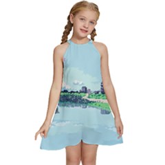 Japanese Themed Pixel Art The Urban And Rural Side Of Japan Kids  Halter Collar Waist Tie Chiffon Dress