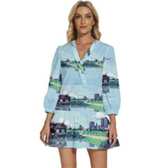 Japanese Themed Pixel Art The Urban And Rural Side Of Japan V-Neck Placket Mini Dress