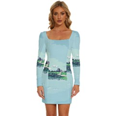 Japanese Themed Pixel Art The Urban And Rural Side Of Japan Long Sleeve Square Neck Bodycon Velvet Dress by Sarkoni