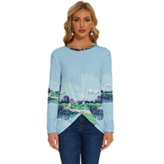 Japanese Themed Pixel Art The Urban And Rural Side Of Japan Long Sleeve Crew Neck Pullover Top