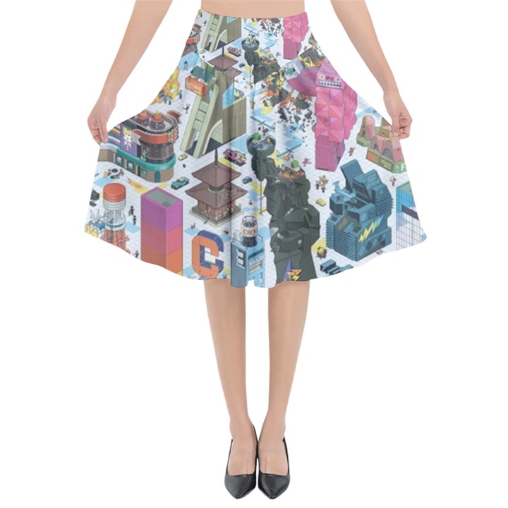 City Pattern Pixel Art Japan Flared Midi Skirt