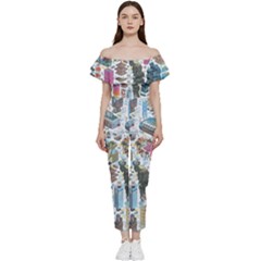 City Pattern Pixel Art Japan Bardot Ruffle Jumpsuit by Sarkoni