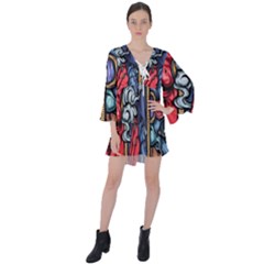 Japan Art Aesthetic V-Neck Flare Sleeve Mini Dress