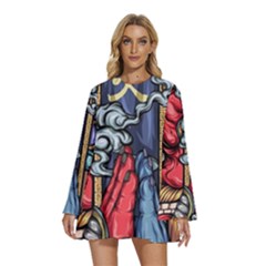 Japan Art Aesthetic Round Neck Long Sleeve Bohemian Style Chiffon Mini Dress