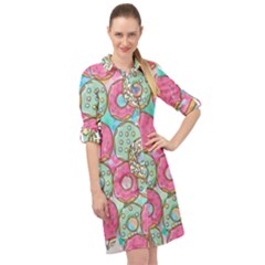 Donut Pattern Texture Colorful Sweet Long Sleeve Mini Shirt Dress by Grandong