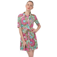 Donut Pattern Texture Colorful Sweet Belted Shirt Dress by Grandong