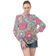 Donut Pattern Texture Colorful Sweet High Neck Long Sleeve Chiffon Top by Grandong