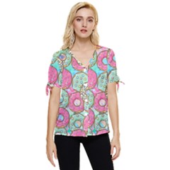 Donut Pattern Texture Colorful Sweet Bow Sleeve Button Up Top by Grandong