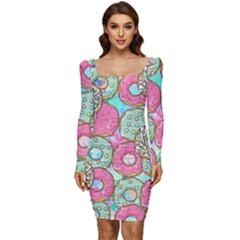 Donut Pattern Texture Colorful Sweet Women Long Sleeve Ruched Stretch Jersey Dress by Grandong