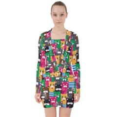 Cats Funny Colorful Pattern Texture V-neck Bodycon Long Sleeve Dress by Grandong