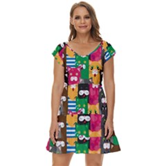 Cats Funny Colorful Pattern Texture Short Sleeve Tiered Mini Dress