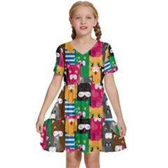 Cats Funny Colorful Pattern Texture Kids  Short Sleeve Tiered Mini Dress by Grandong