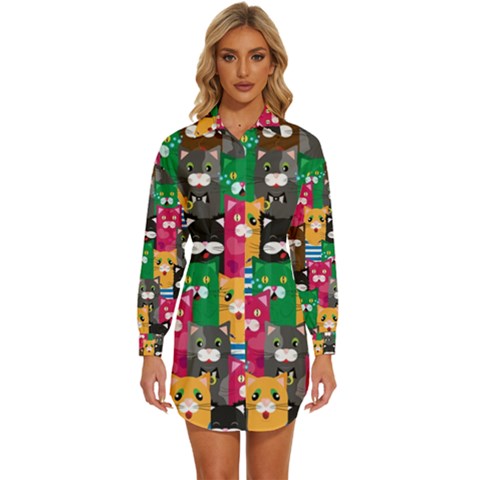 Cats Funny Colorful Pattern Texture Womens Long Sleeve Shirt Dress by Grandong