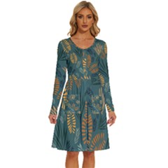 Leaves Pattern Texture Plant Long Sleeve Dress With Pocket by Grandong