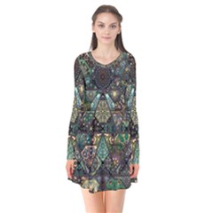 Digital Art Triangle Pattern Texture Mosaic Long Sleeve V-neck Flare Dress