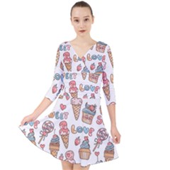 Love Pattern Texture Quarter Sleeve Front Wrap Dress