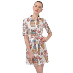 Love Pattern Texture Belted Shirt Dress