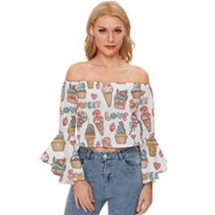 Love Pattern Texture Off Shoulder Flutter Bell Sleeve Top