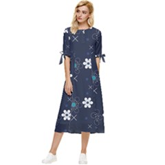 Flower Pattern Texture Bow Sleeve Chiffon Midi Dress