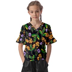 Flower Pattern Art Floral Texture Kids  V-Neck Horn Sleeve Blouse