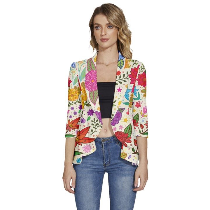 Colorful Flower Abstract Pattern Women s 3/4 Sleeve Ruffle Edge Open Front Jacket