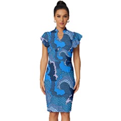 Blue Moving Texture Abstract Texture Vintage Frill Sleeve V-neck Bodycon Dress by Grandong