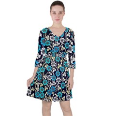 Blue Flower Pattern Floral Pattern Quarter Sleeve Ruffle Waist Dress