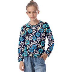 Blue Flower Pattern Floral Pattern Kids  Long Sleeve T-shirt With Frill 