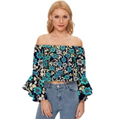 Blue Flower Pattern Floral Pattern Off Shoulder Flutter Bell Sleeve Top by Grandong