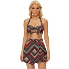 Pattern Knitting Texture Vintage Style Bikini Top And Skirt Set 