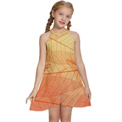 Abstract Texture Of Colorful Bright Pattern Transparent Leaves Orange And Yellow Color Kids  Halter Collar Waist Tie Chiffon Dress