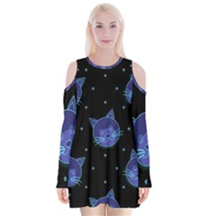 Vector Illustration Of Cat Animal Face Pattern Velvet Long Sleeve Shoulder Cutout Dress by Ndabl3x