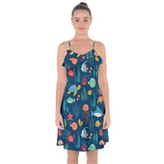 Fish Sea Animals Pattern Ruffle Detail Chiffon Dress