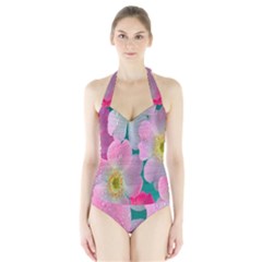 Pink Neon Flowers, Flower Halter Swimsuit by nateshop