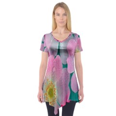 Pink Neon Flowers, Flower Short Sleeve Tunic  by nateshop