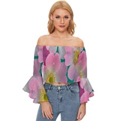 Pink Neon Flowers, Flower Off Shoulder Flutter Bell Sleeve Top by nateshop