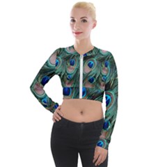 Peacock-feathers,blue2 Long Sleeve Cropped Velvet Jacket